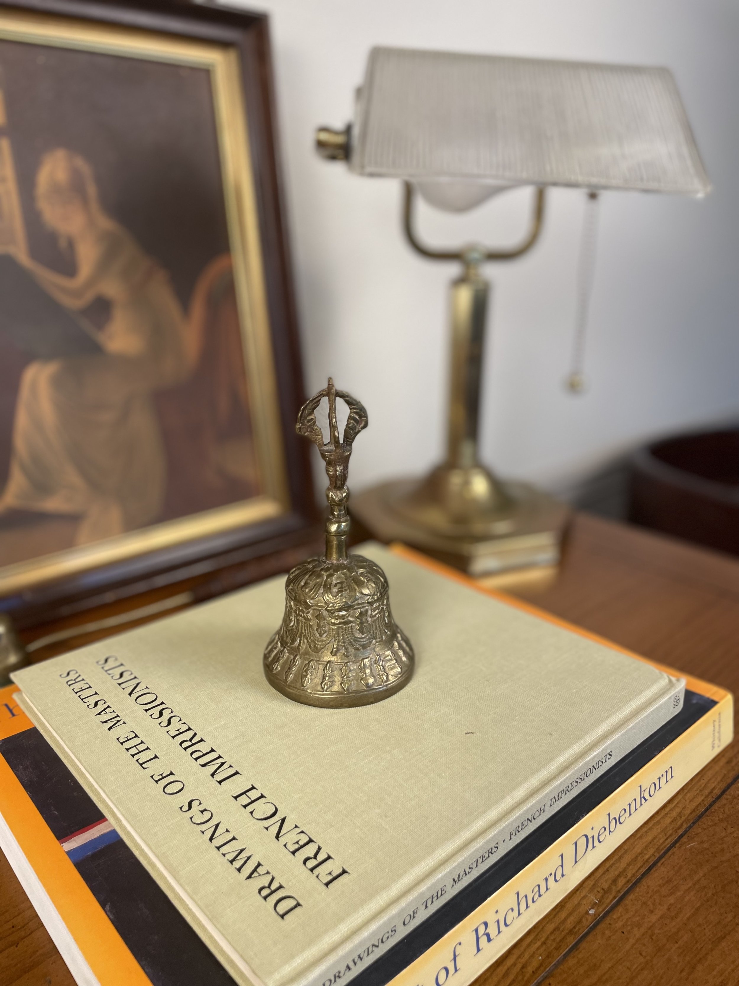 Vintage Brass Desk Lamp with Glass Shade