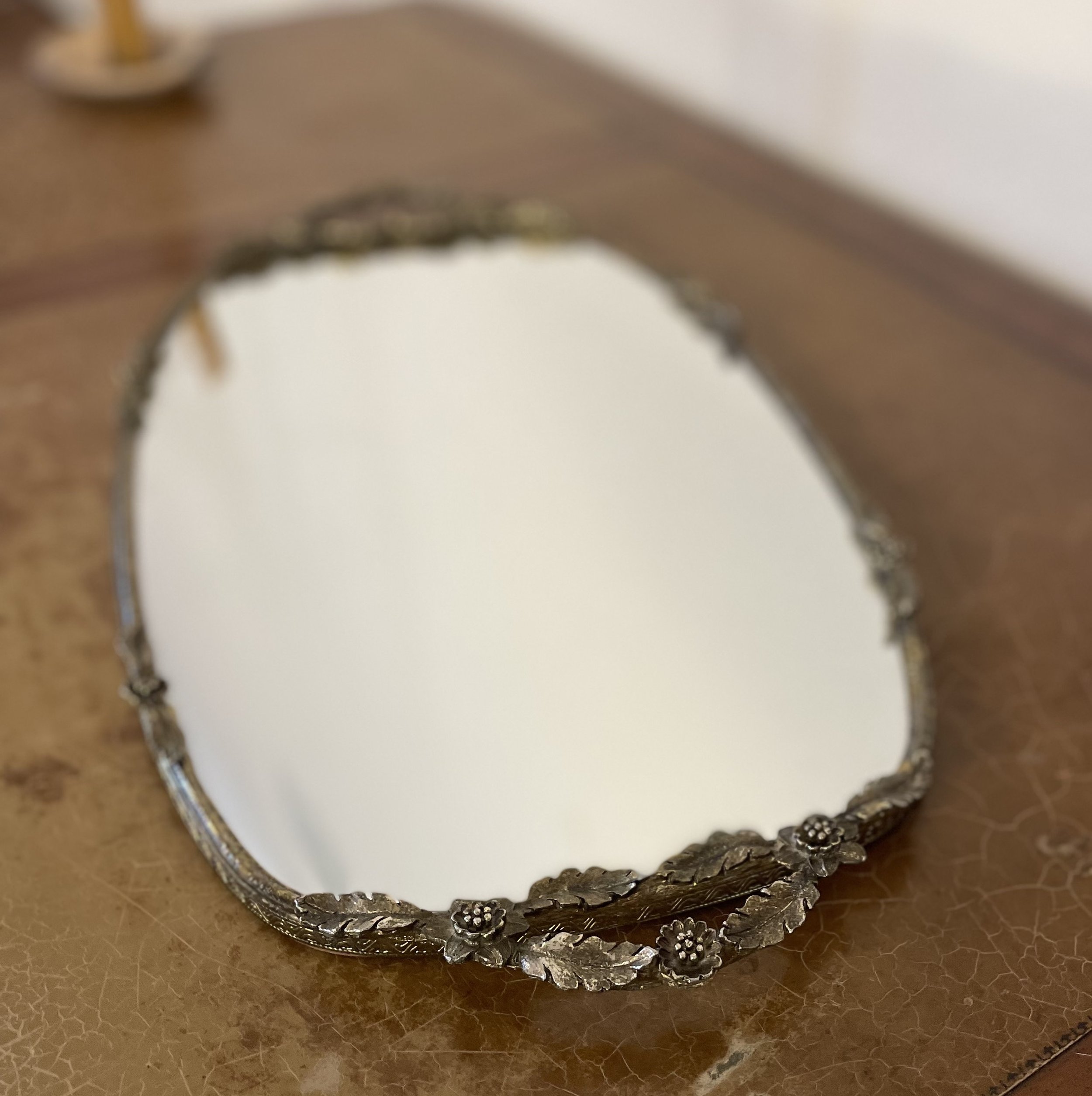 Antique Brass Floral Mirror Tray