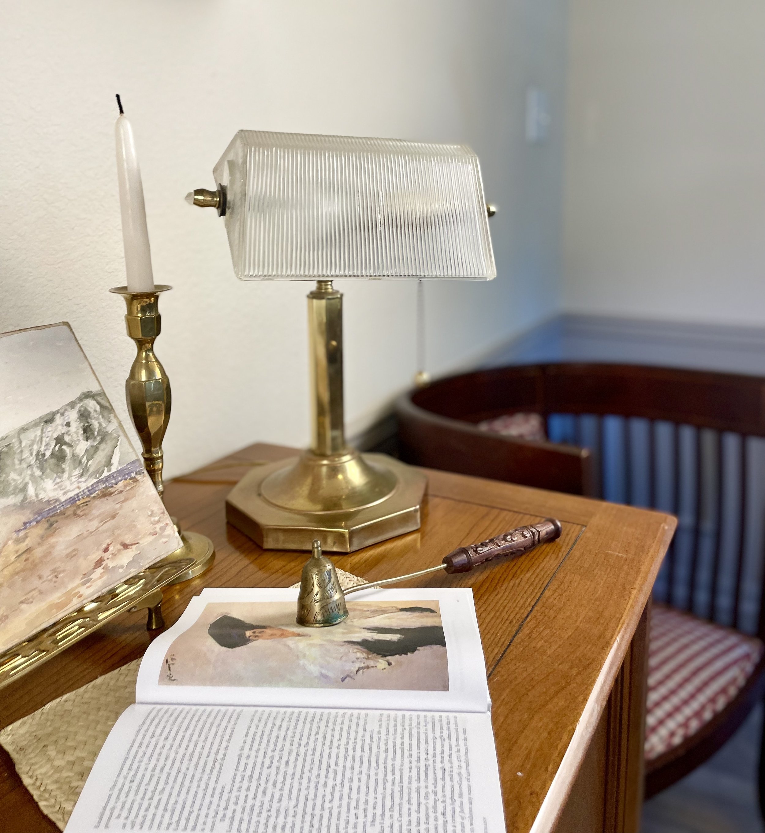 Vintage Brass Desk Lamp with Glass Shade