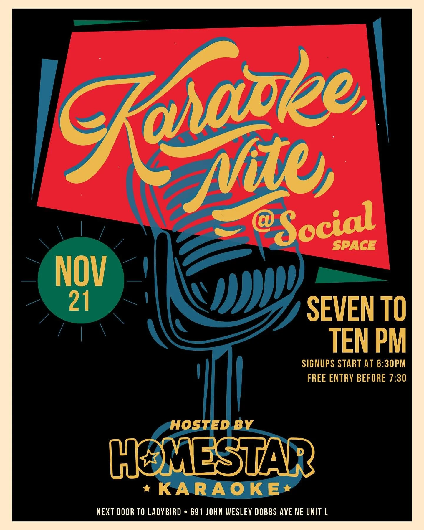This Friday! @homestarkaraoke is bringing Karaoke to Social Space.

Tired of the same old spots on the Beltline? Wanna *do* something with your friends besides just bar hopping on Friday night? Come join us 🎤 and sing your hearts out