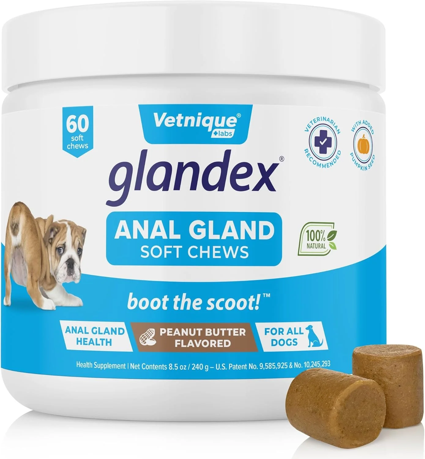 Glandex peanut butter-flavored anal gland support chews with bulldog illustration and product highlights for healthy glands, digestion, and scooting relief