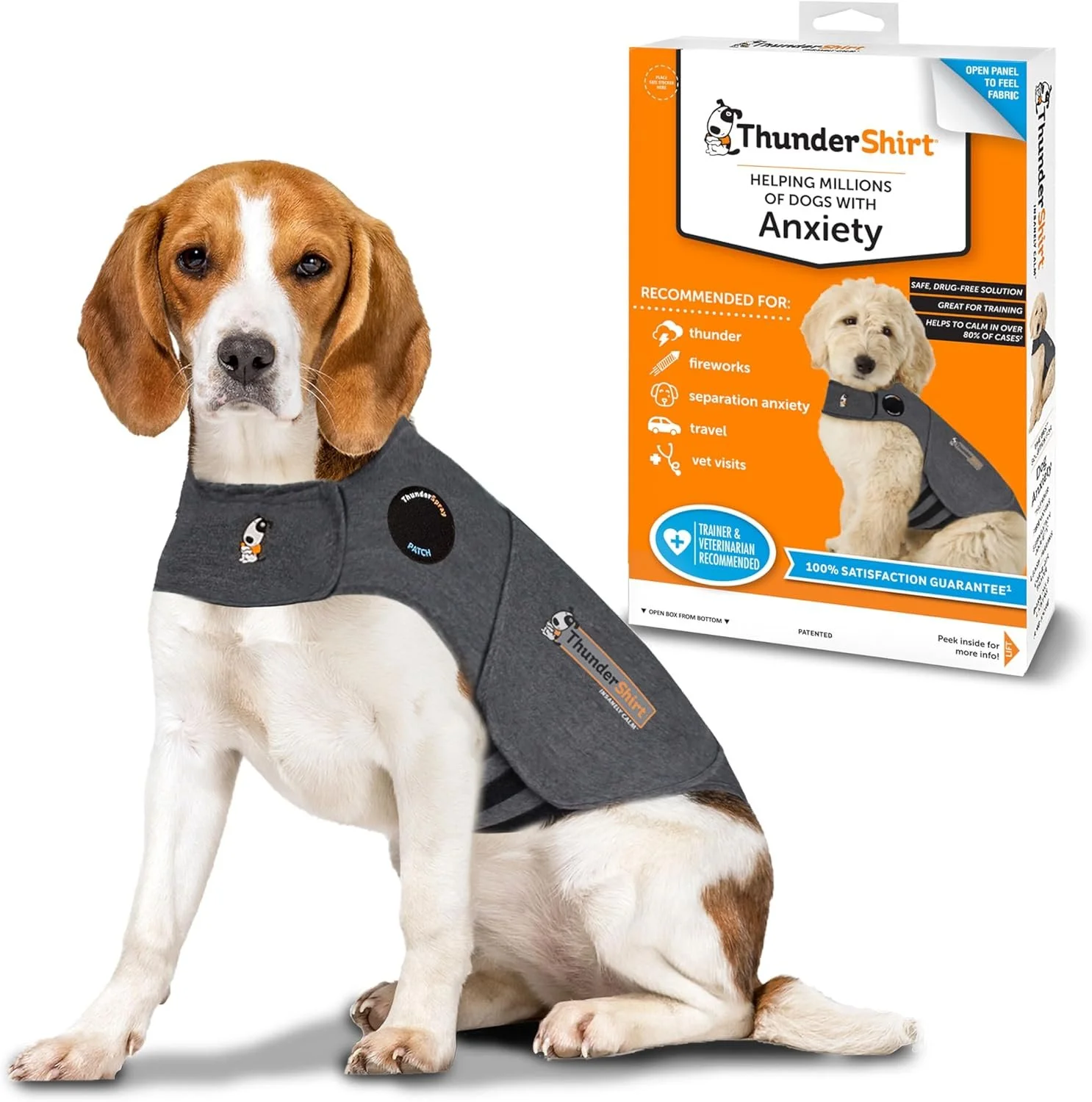 Beagle wearing a heather gray ThunderShirt calming vest next to its product box, which highlights anxiety relief for dogs and key use cases like thunder, fireworks, and travel.