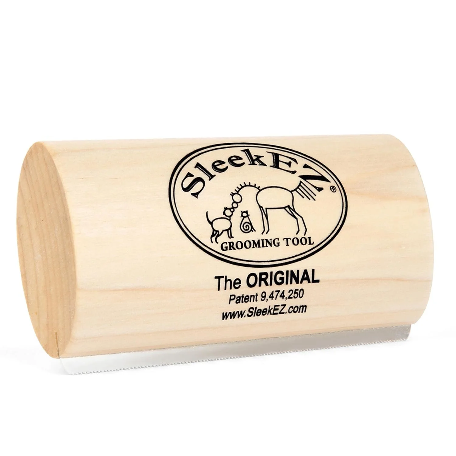 SleekEZ dog grooming tool with natural wood handle and patented curved blade, designed to remove loose fur and undercoat from pets without pulling