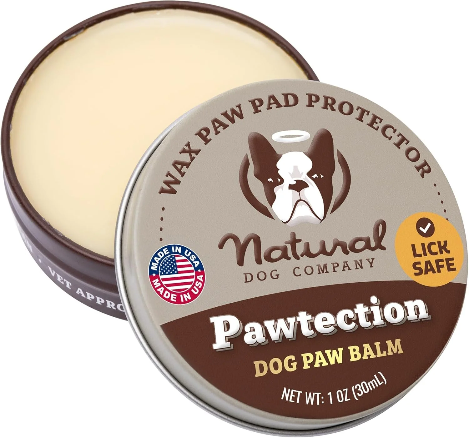 Dog paw balm in a round gray container with a Boston terrier dog face illustration and the label 'WAX PAW PAD PROTECTOR Natural Dog Company Pawtection Dog Paw Balm' and the net weight of 1 ounce.
