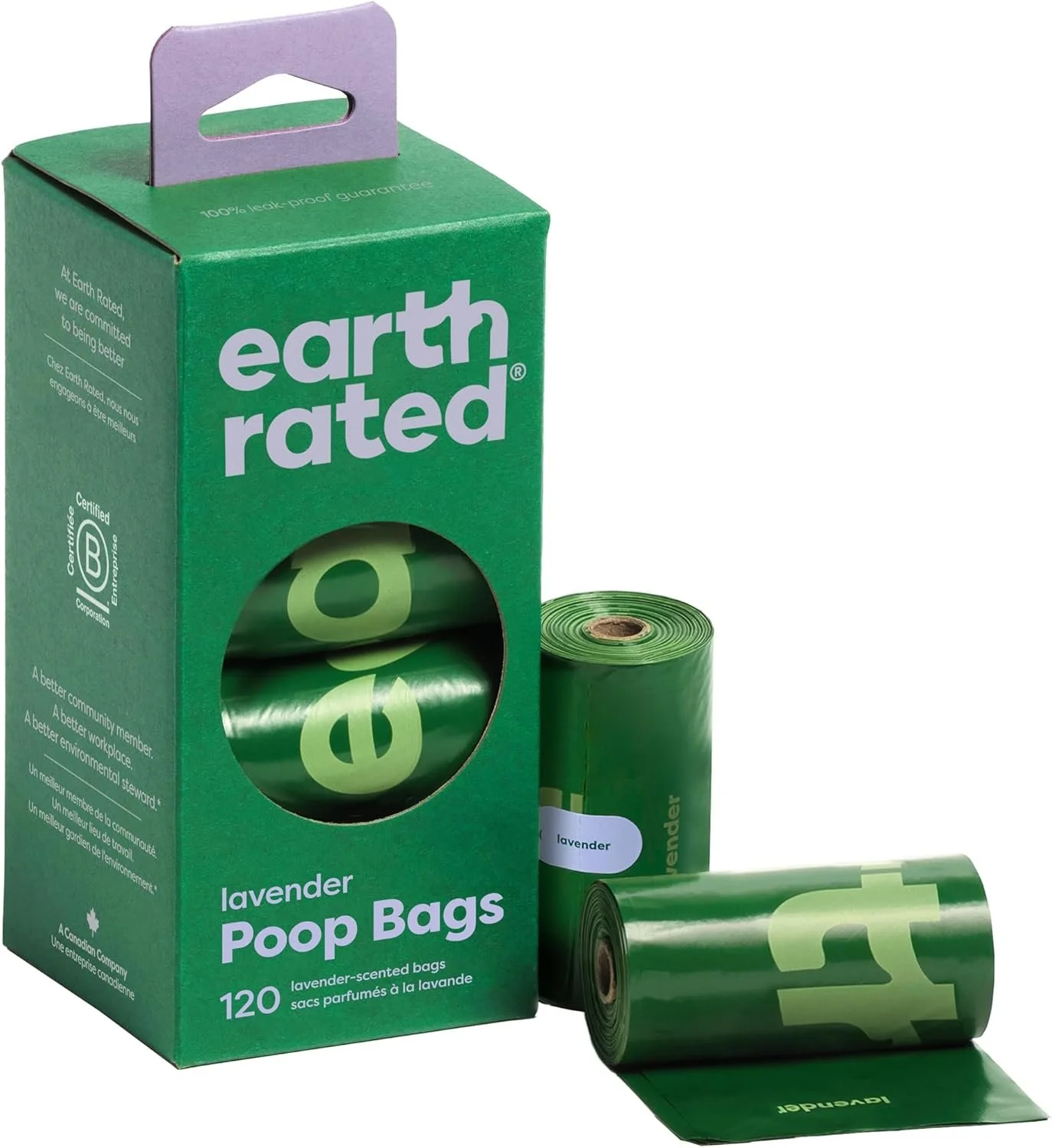 Box of Earth Rated lavender-scented dog poop bags with green refill rolls partially visible and displayed in front, showcasing leak-proof and eco-friendly design