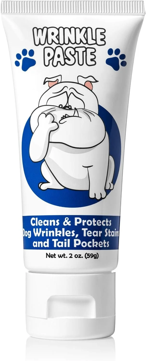 A tube of wrinkle paste for dogs featuring a cartoon illustration of a dog with a worried expression, surrounded by the text 'Wrinkle Paste' and descriptions about its benefits for cleaning and protecting dog wrinkles, tear stains, and tail pockets.