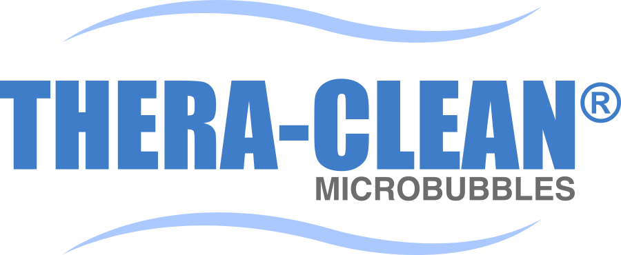 Thera-Clean Microbubbles logo with bold blue ‘THERA-CLEAN’ text, smaller gray ‘MICROBUBBLES’ underneath, and curved wave lines above and below