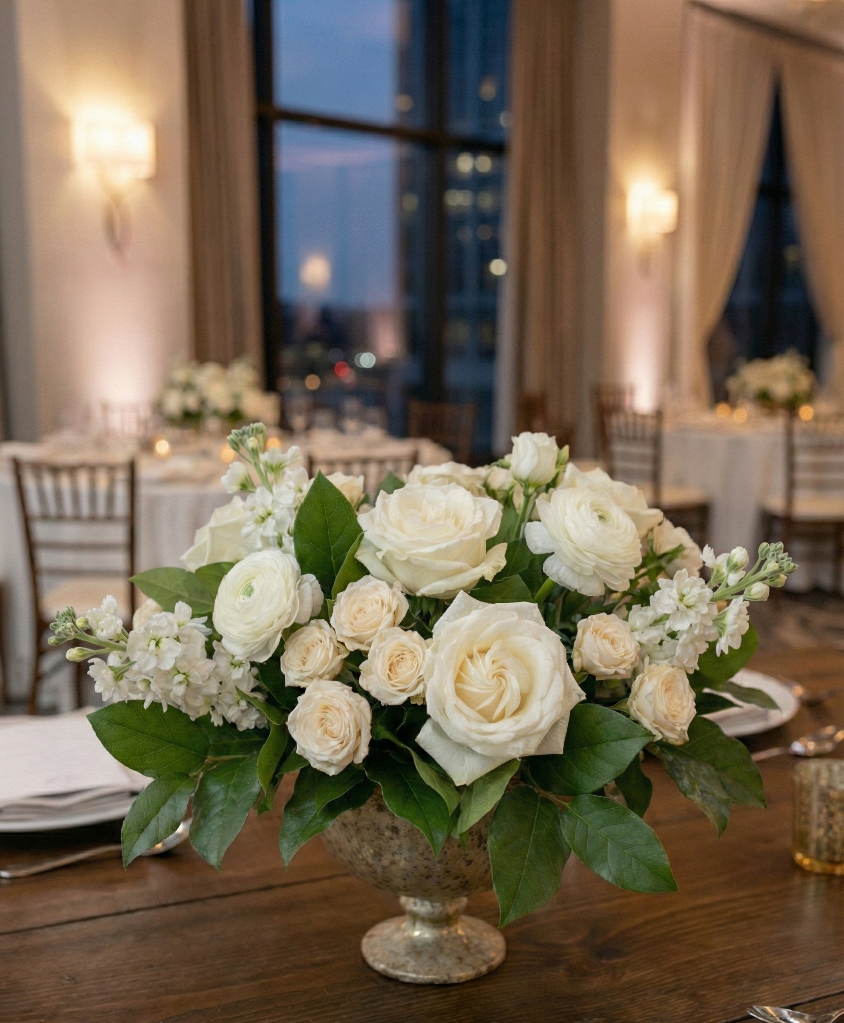 Elegant cream and blush wedding urn centerpiece designed by KIS Florals for an Indianapolis wedding reception, featuring roses and lush greenery on a wooden table.
