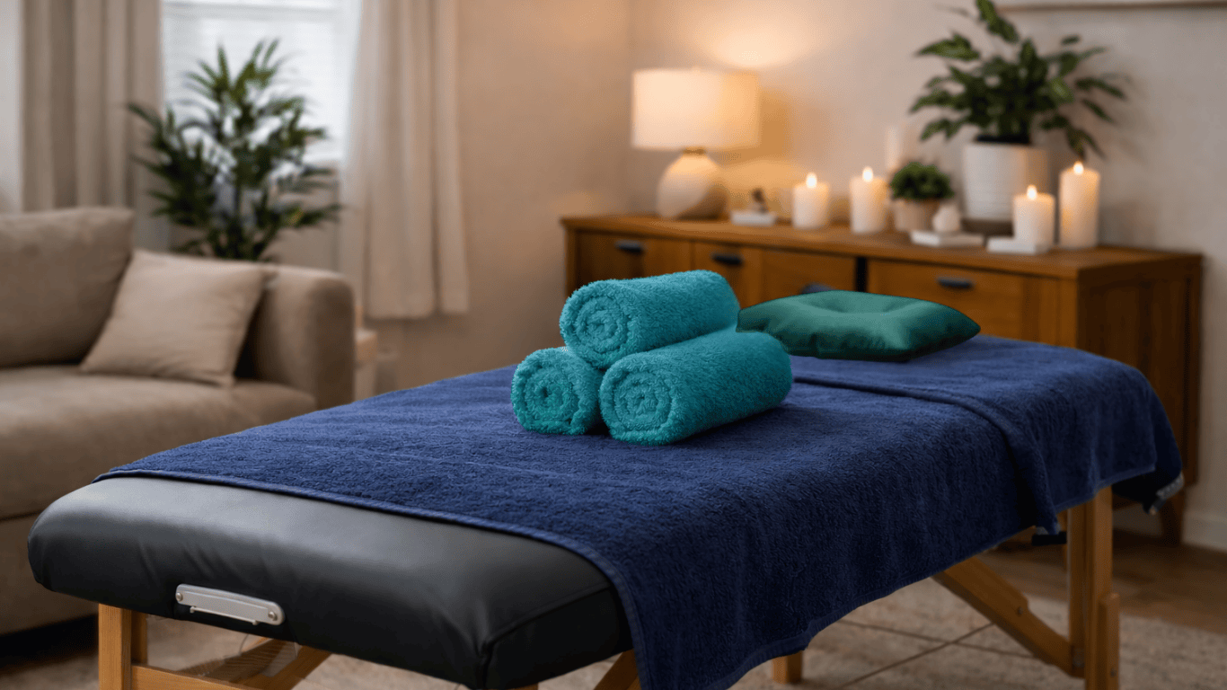 Mobile massage setup in Faversham with teal and dark blue towels