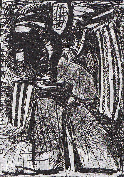 Olivier Debré, L'heureux pecheur, Eau-forte et pounte seche, 30cm x 40cm (12 x 16), 1949
