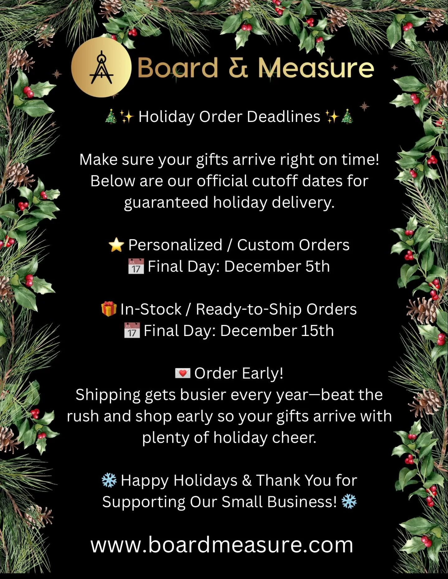 🎄 IMPORTANT ORDER DATES 🎄

Swipe through this post to see:
&bull; Final dates to place your holiday orders
&bull; Cut-off for custom pieces
&bull; Shipping timelines
&bull; Contact information

We can&rsquo;t wait to create something special for yo