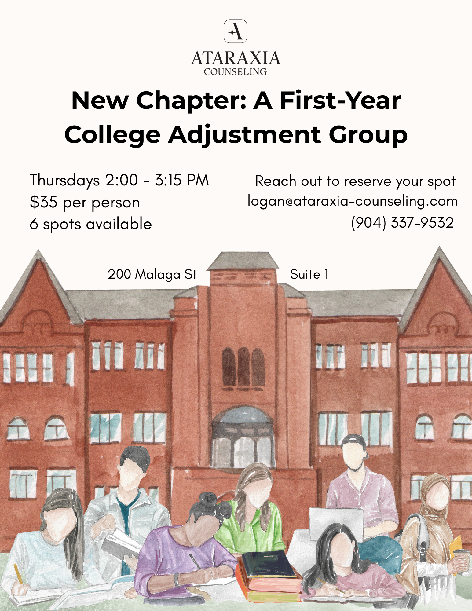 A watercolor illustration of students studying outside a large red-brick university building, with people reading, writing, using laptops, and chatting.