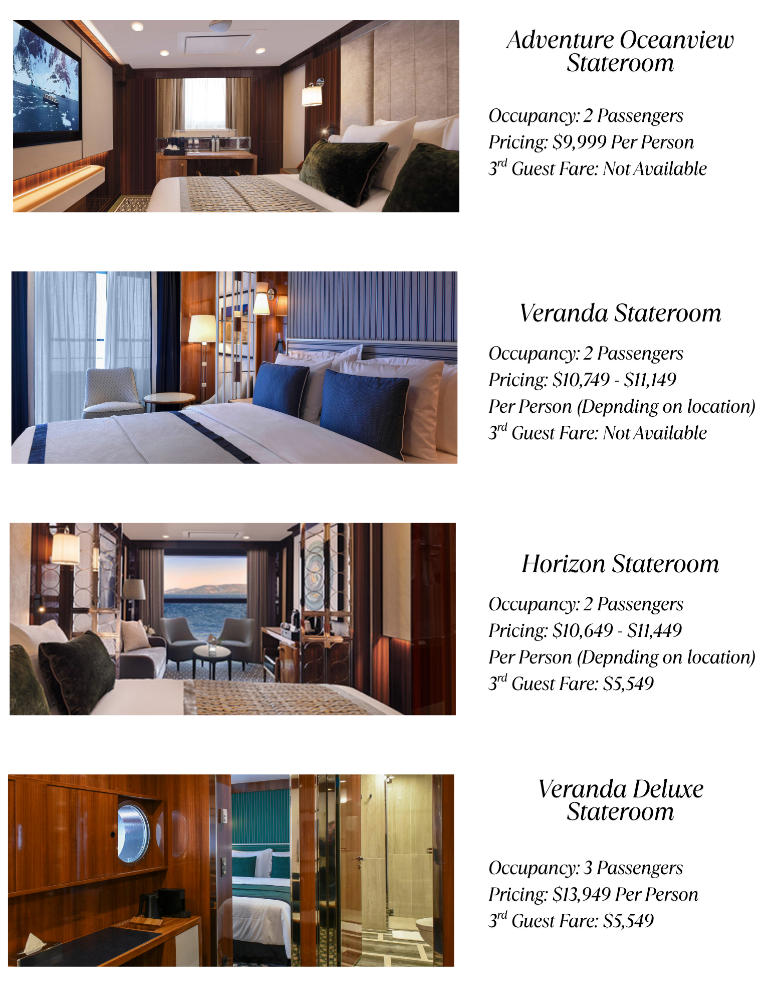Four images of different staterooms on a cruise ship, with descriptions including occupancy, pricing, and third guest fare.