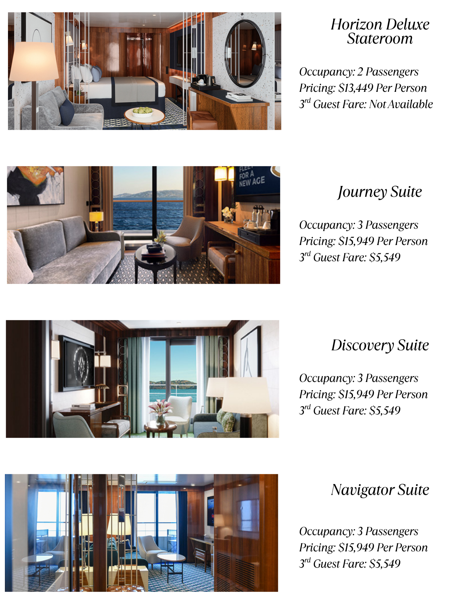 Images of four different hotel suites with descriptions and pricing details. The suites include Horizon Deluxe Stateroom, Journey Suite, Discovery Suite, and Navigator Suite, each featuring seating areas, beds, and ocean views.