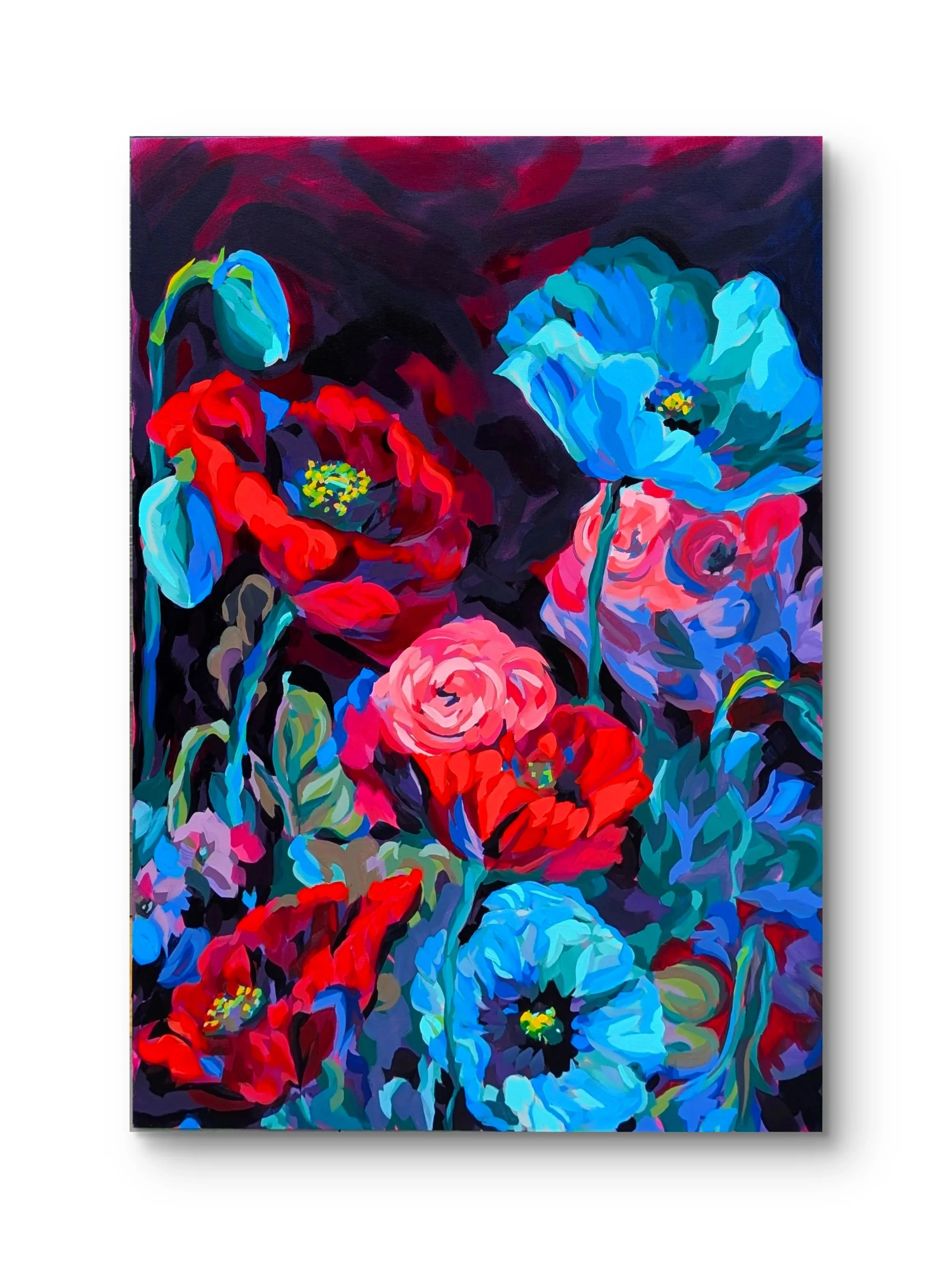 A colorful abstract painting of poppies in red, pink, and blue against a dark background.