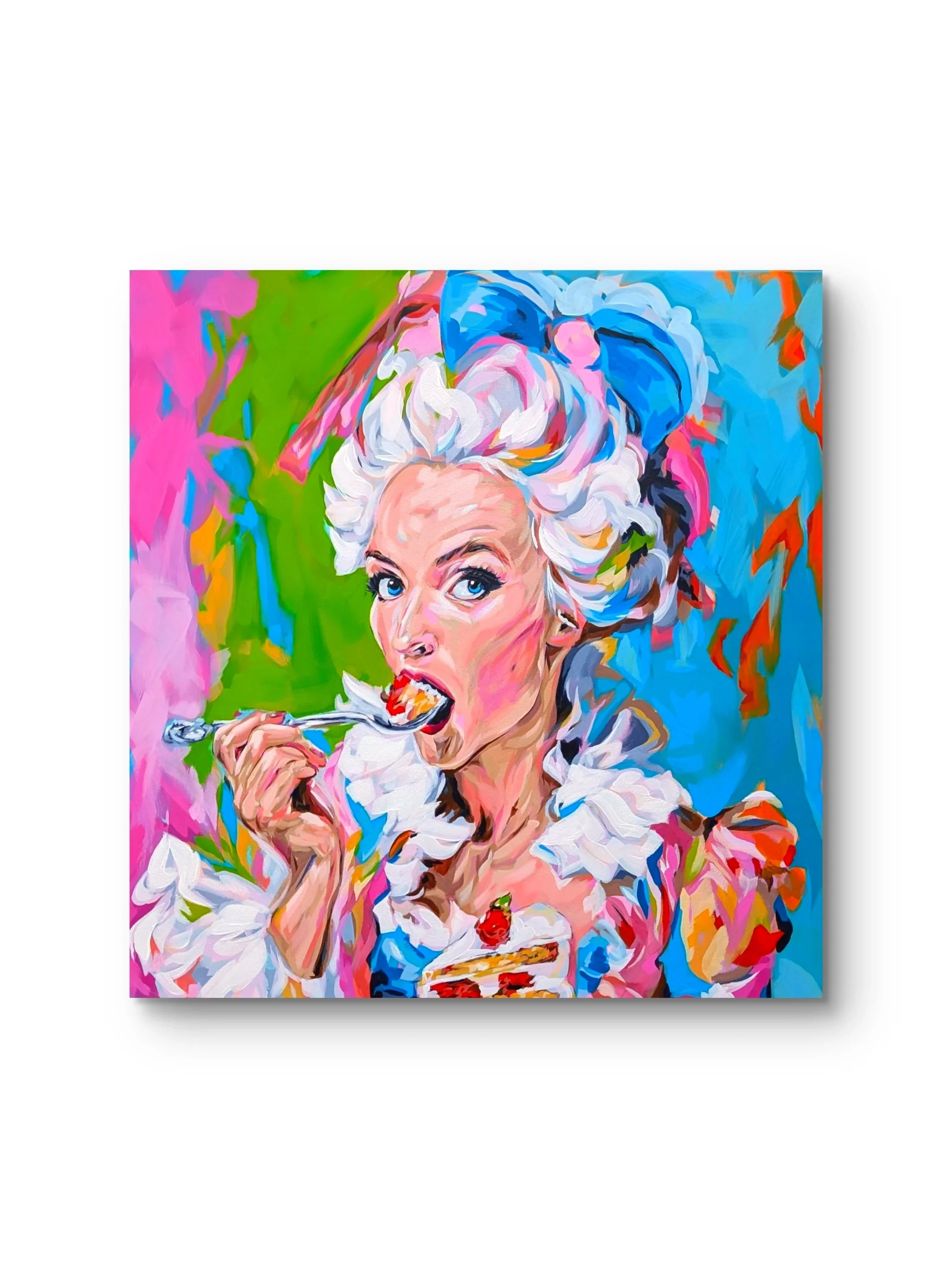 Colorful painting of a woman with white and blue hairstyle eating cake with strawberries, against a vibrant abstract background.