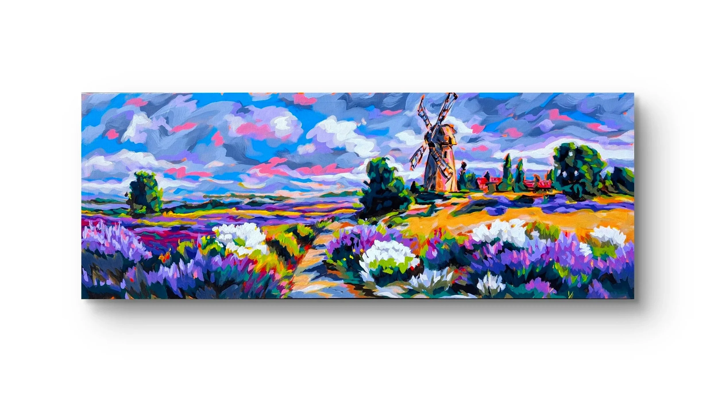 Colorful painting of a lavender field with a windmill on a cloudy sky background.