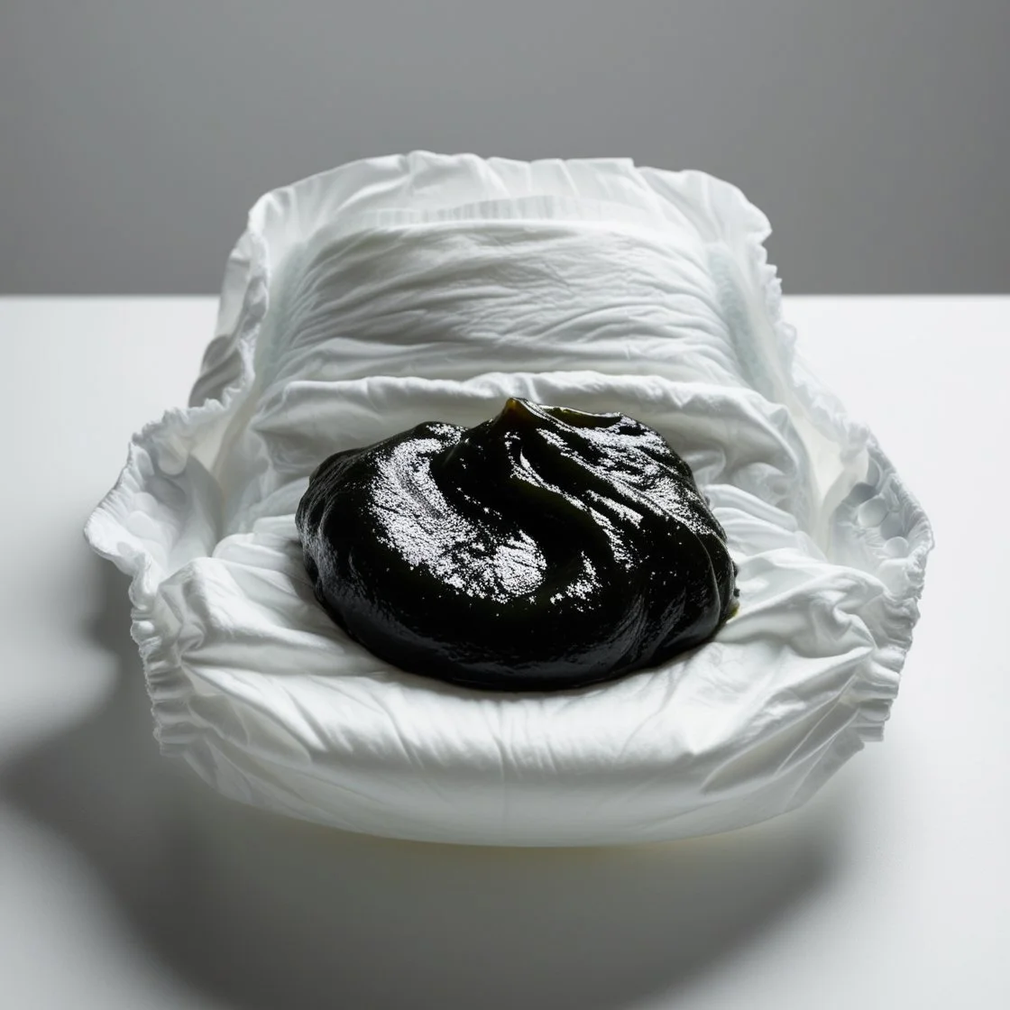 A soiled diaper with a black, shiny substance on top, on a white surface against a gray background.