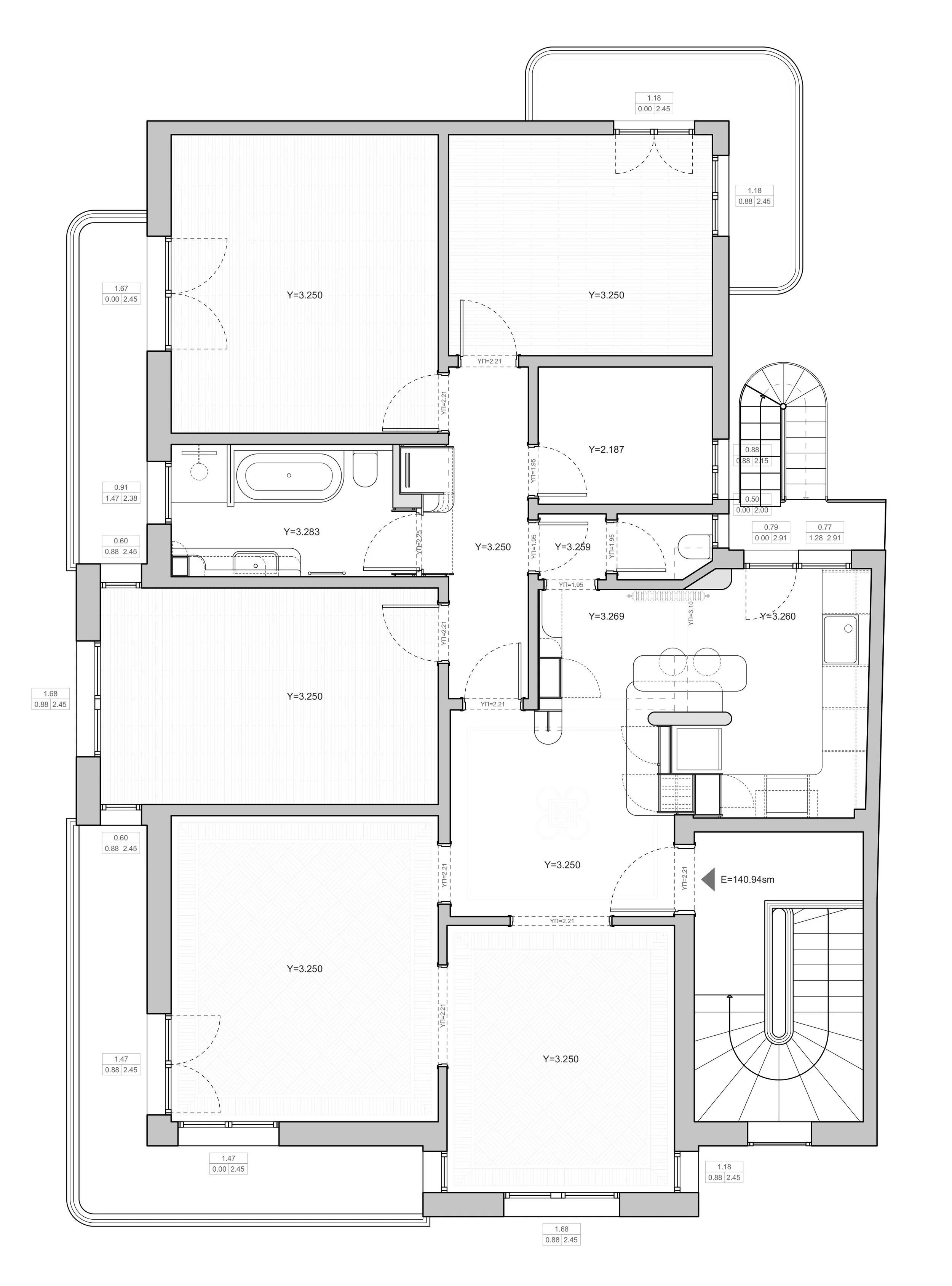 Architectural floor plan of the renovated apartment showing the reconfigured layout, living spaces, kitchen, bedrooms and bathrooms.