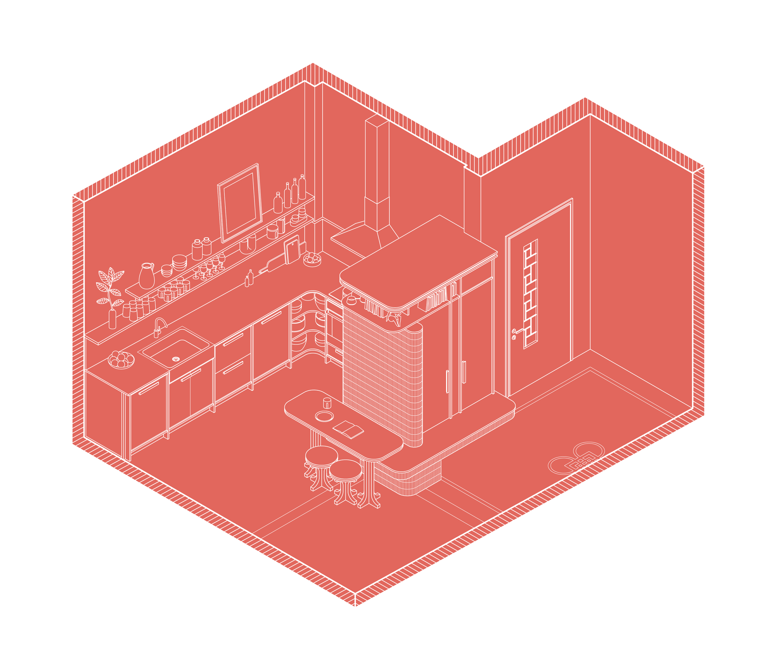 Axonometric architectural drawing of the renovated apartment kitchen and dining area with custom cabinetry and curved tiled volume.