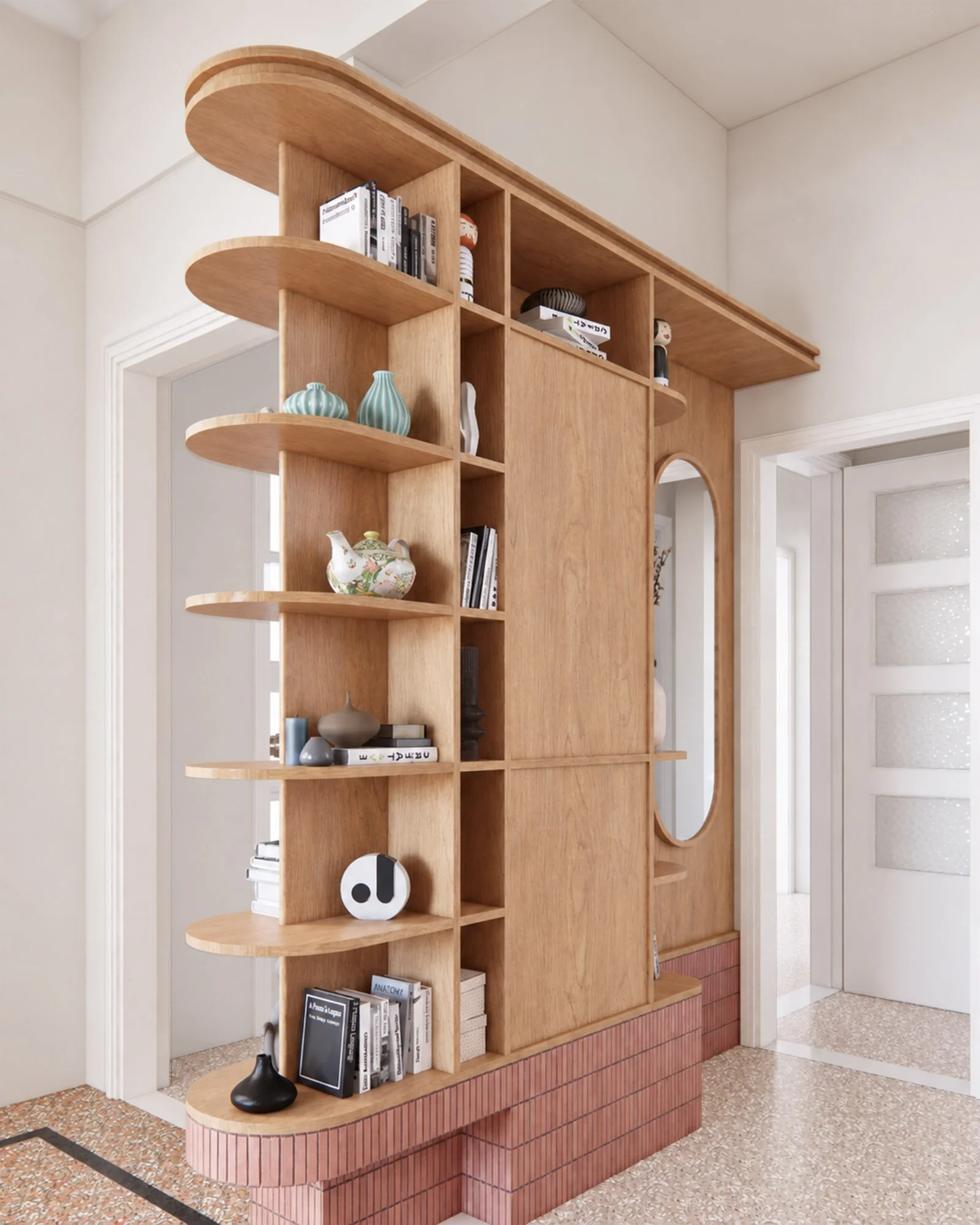 Custom timber entrance storage and open shelving with integrated mirror and curved pink tiled base.