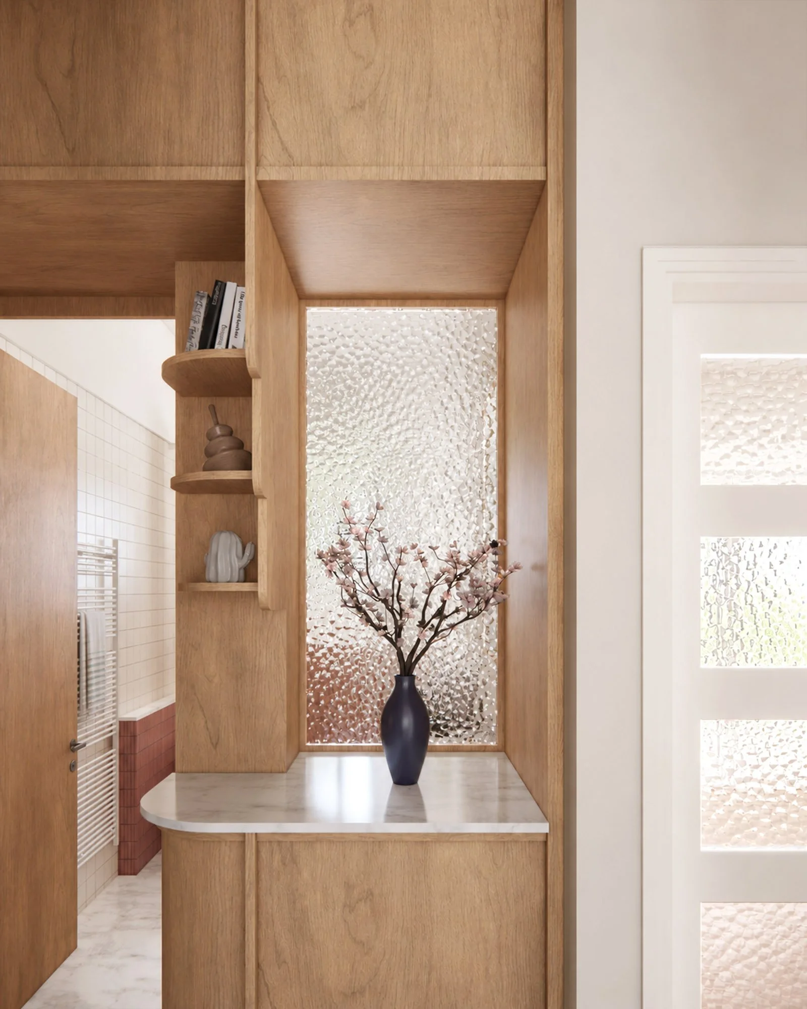 Custom timber hallway cabinetry with textured glass panel, marble countertop and open shelving beside the bathroom entrance.