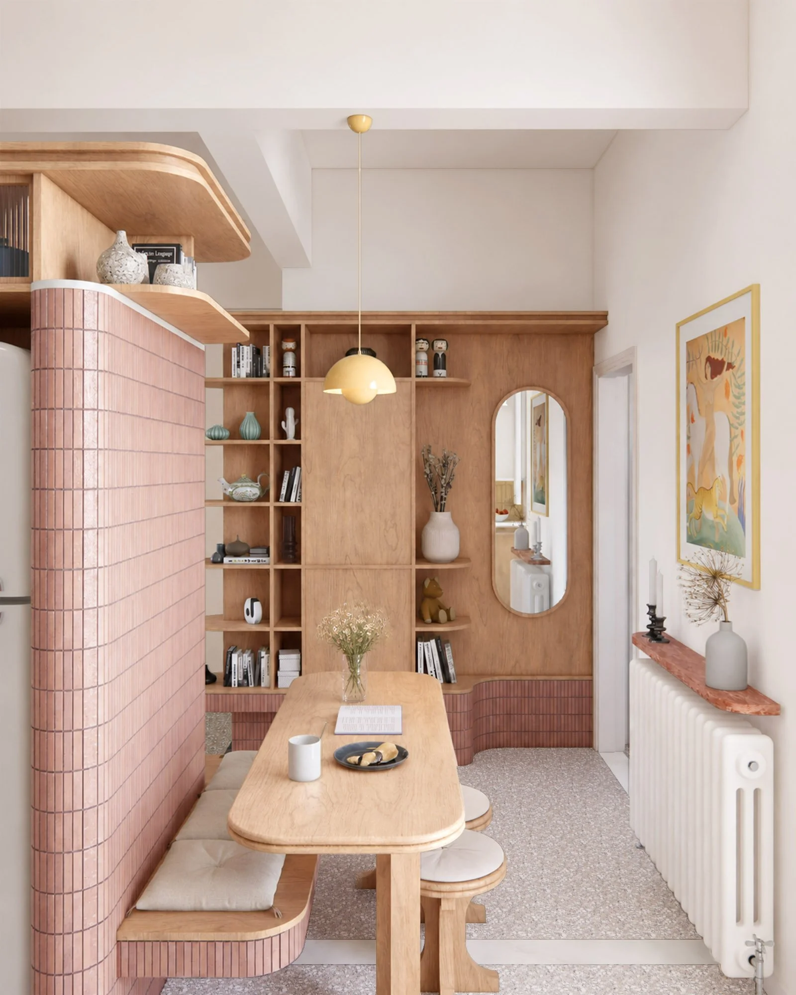 Renovated apartment dining area with custom timber cabinetry, curved pink tiled seating, terrazzo flooring and integrated shelving.