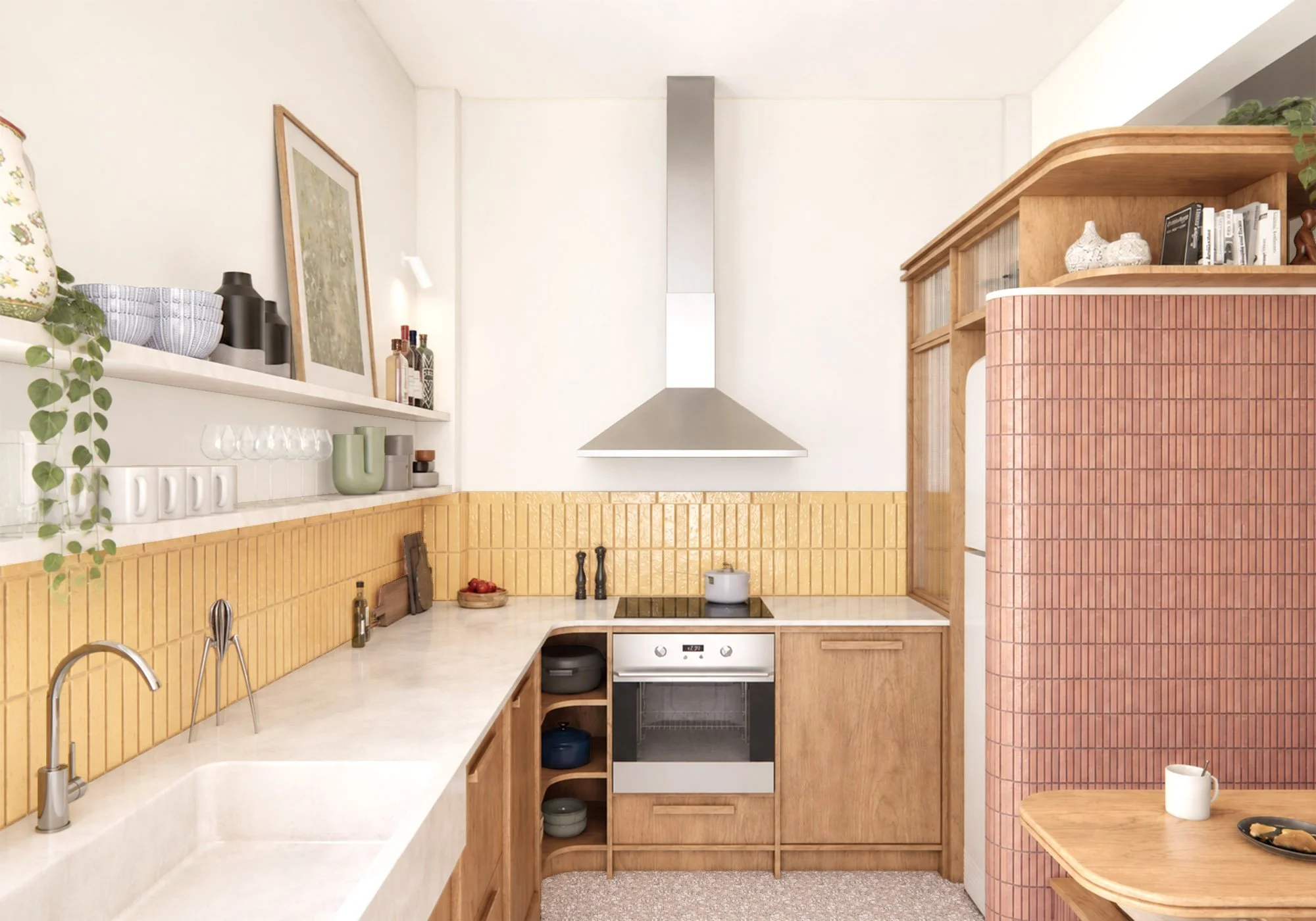 Renovated apartment kitchen with timber cabinetry, yellow tiled backsplash, white countertops and curved pink tiled volume.