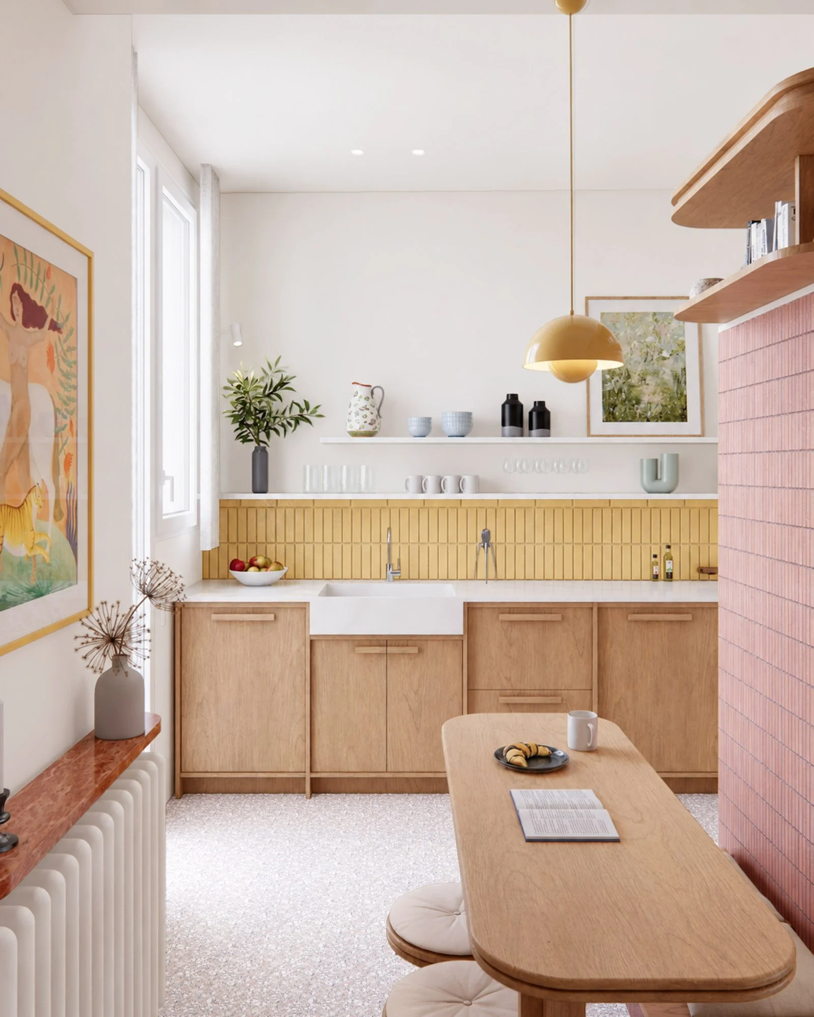 Renovated apartment kitchen and dining area with timber cabinetry, yellow tiled backsplash, terrazzo flooring and curved pink tiled volume.