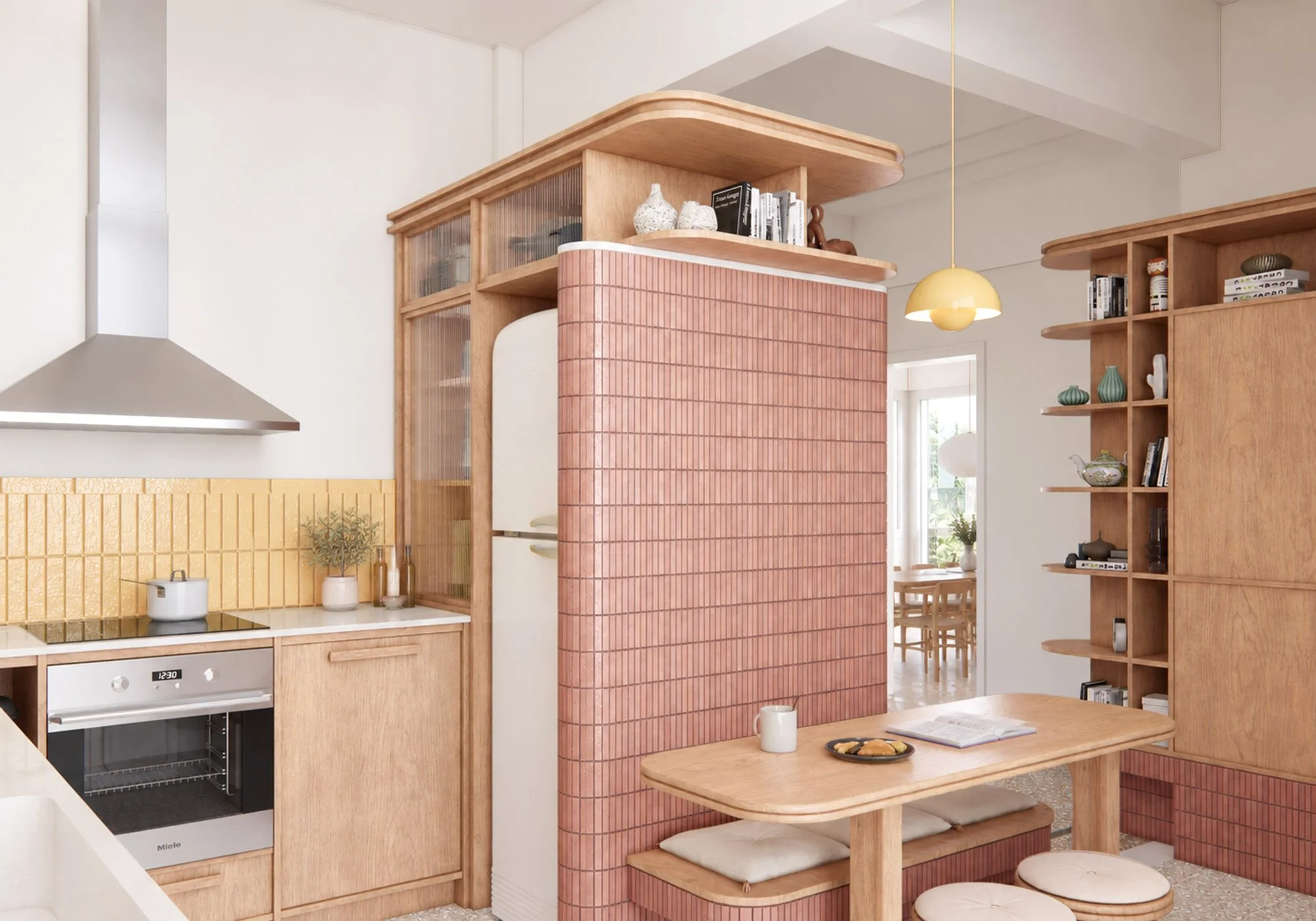 Renovated apartment kitchen and dining area with custom timber cabinetry, curved pink tiled volume and integrated bench seating.