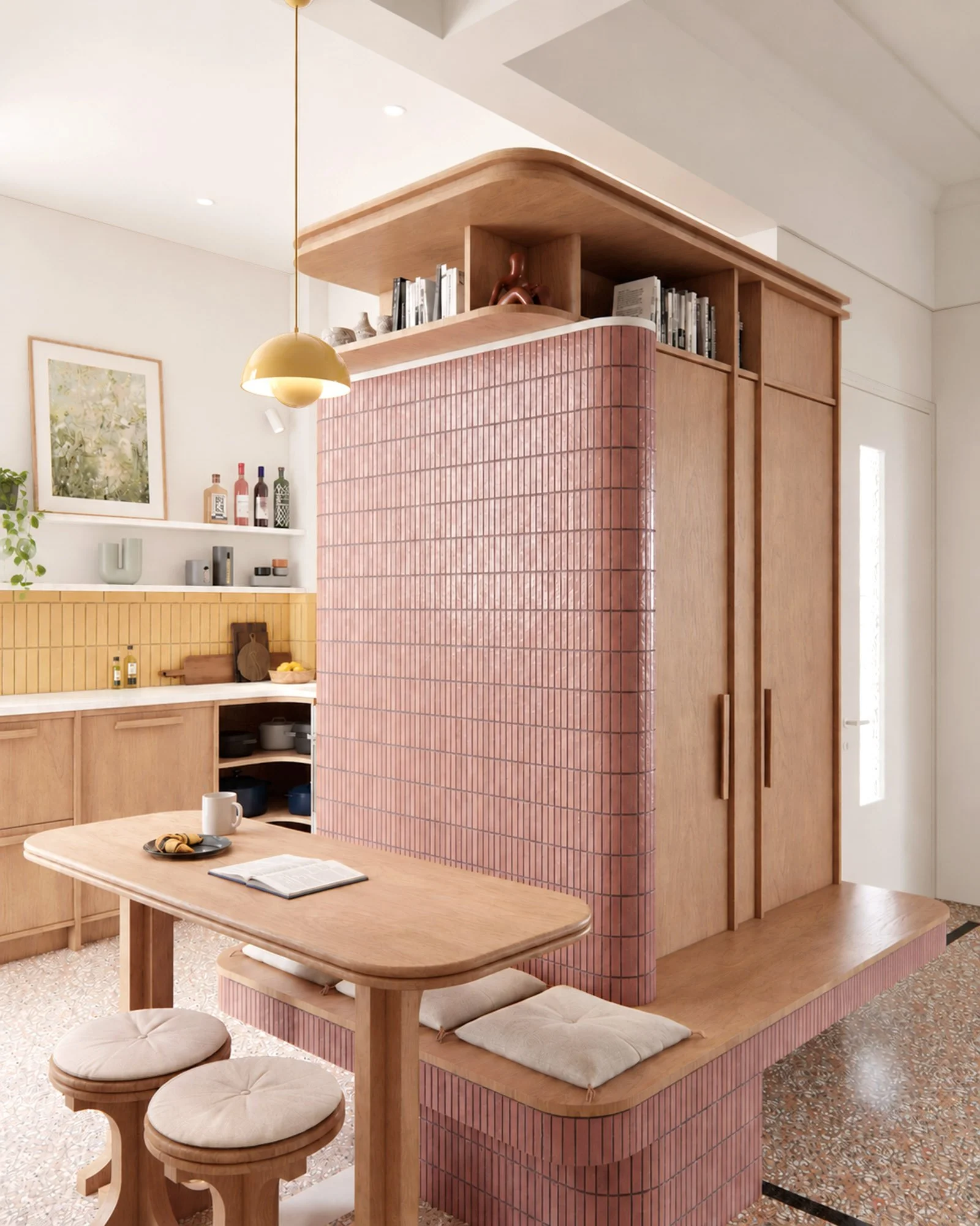 Custom timber and pink tiled volume integrating kitchen storage, shelving, dining table and built-in bench seating.