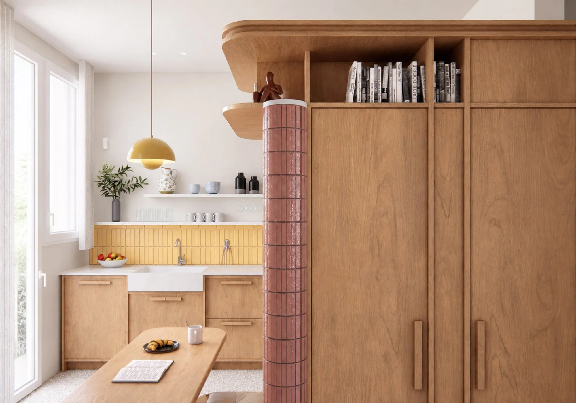 Custom timber storage volume with curved pink tiled corner, integrated shelving and adjoining kitchen with yellow tiled backsplash.