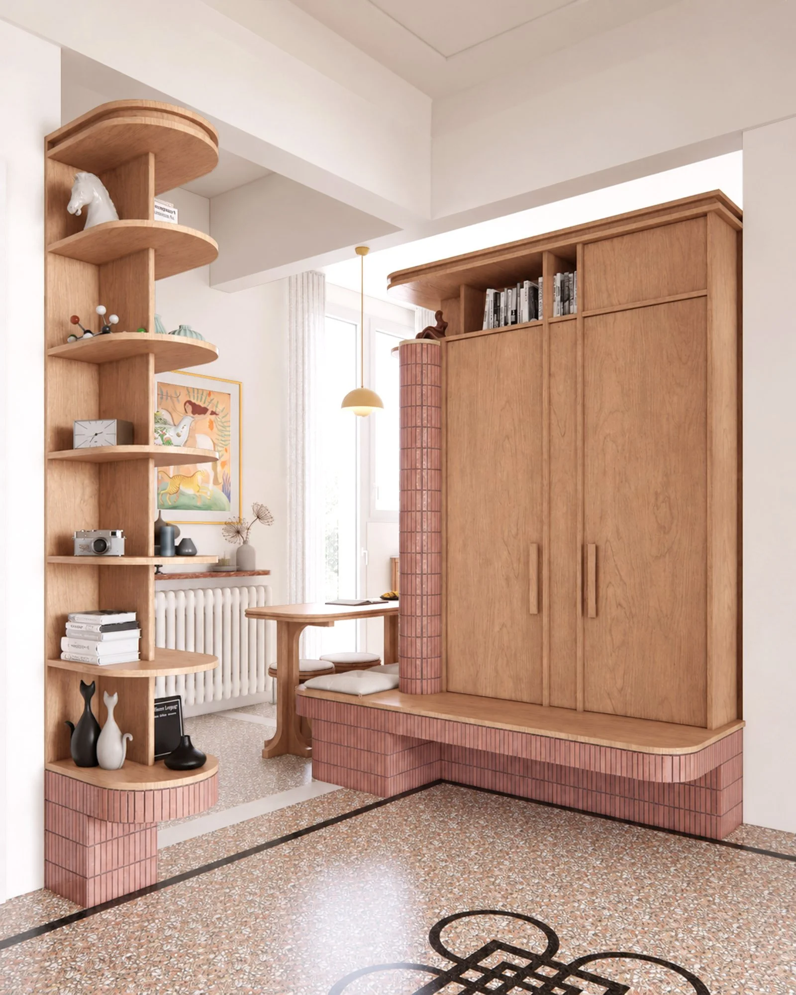 Custom timber wardrobe and open shelving with curved pink tiled base, integrated bench seating and terrazzo flooring.