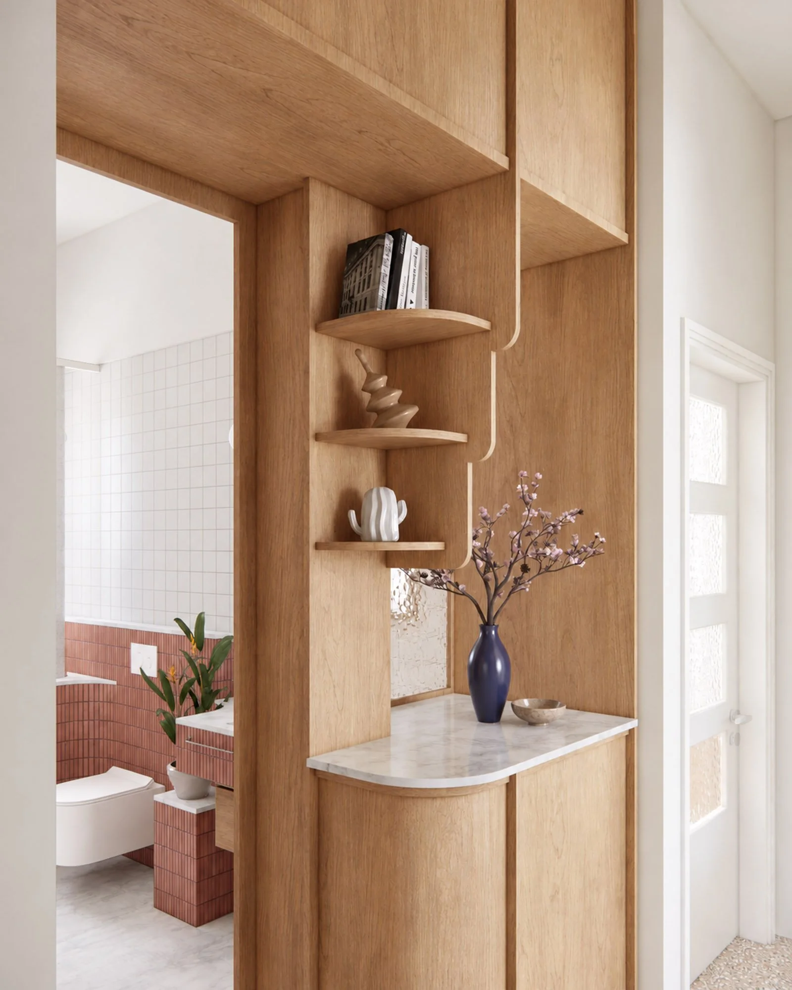Custom timber hallway cabinetry with curved marble countertop and open shelving, connecting the corridor to the bathroom.