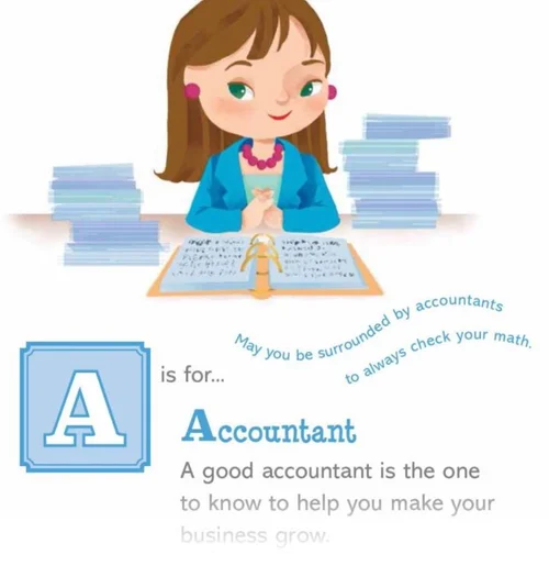 Page from Baby's First Business Book: A is for Accountant, with an illustrated accountant at a desk between stacks of paper.