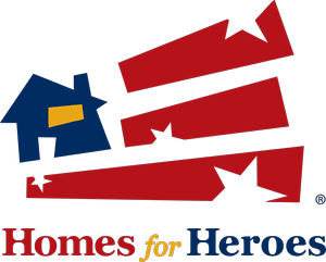 Homes for Heroes logo featuring a blue house with a yellow window and three red stripes with stars, resembling a stylized American flag.