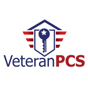 Logo of Veteran PCS featuring a house shape with a key and star inside, flanked by red stripes, with the text 'Veteran PCS' below.