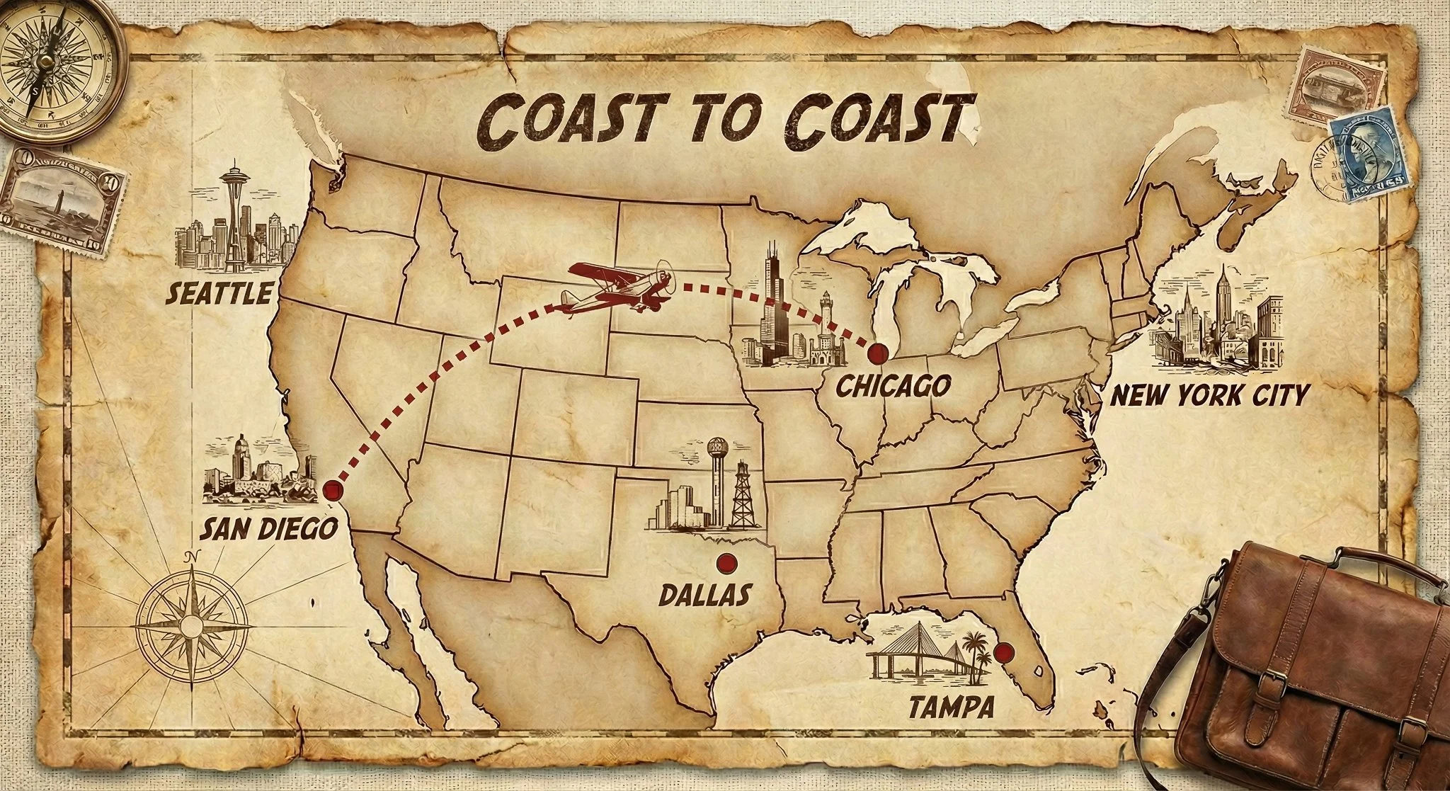 Vintage-style map of the United States titled Coast to Coast, with a propeller plane flying a dotted route from San Diego to Chicago and Seattle, Dallas, Tampa, and New York City marked