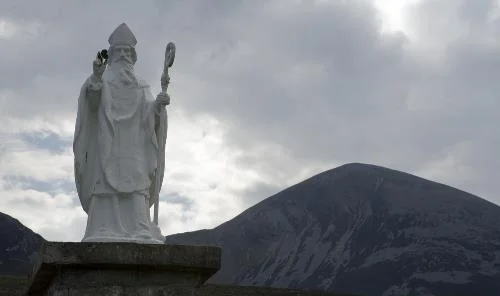 Statue of Saint Patrick at the base of Ireland's Holy Mountain named after him, Croagh