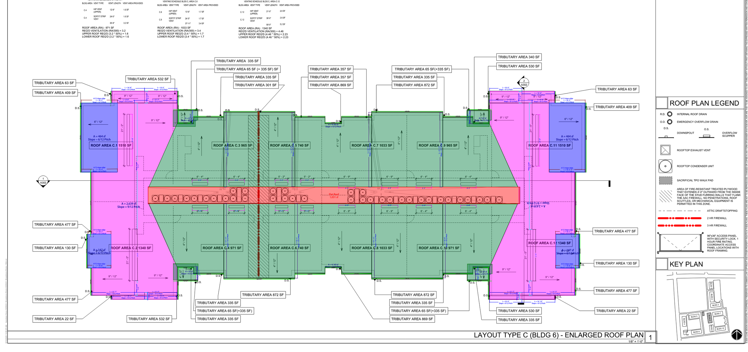 Architectural roof plan for a building, displaying various roof areas labeled with measurements and square footage, roof vents, drain symbols, and a key legend explaining symbols and fire-rated wall details.