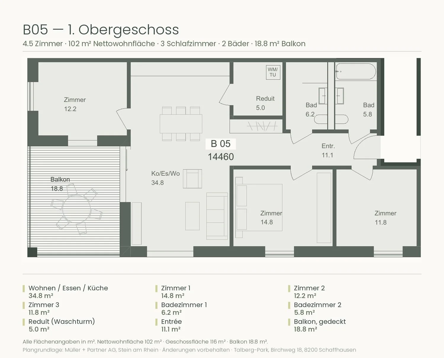 Beschrifteter Grundriss der 4.5-Zimmer-Wohnung B05, 1. Obergeschoss, Talberg-Park Schaffhausen