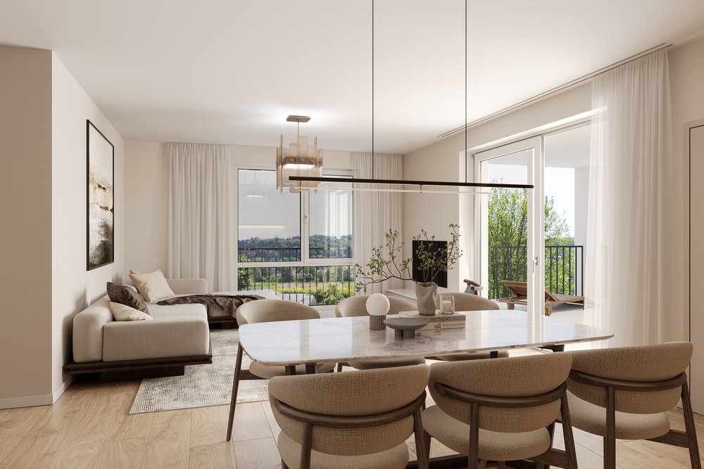 Offener Wohn- und Essbereich mit Blick ins Grüne, Wohnung B05 Talberg-Park Schaffhausen