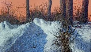 Snow-covered ground with tracks and sparse trees in a sunset or sunrise backdrop.