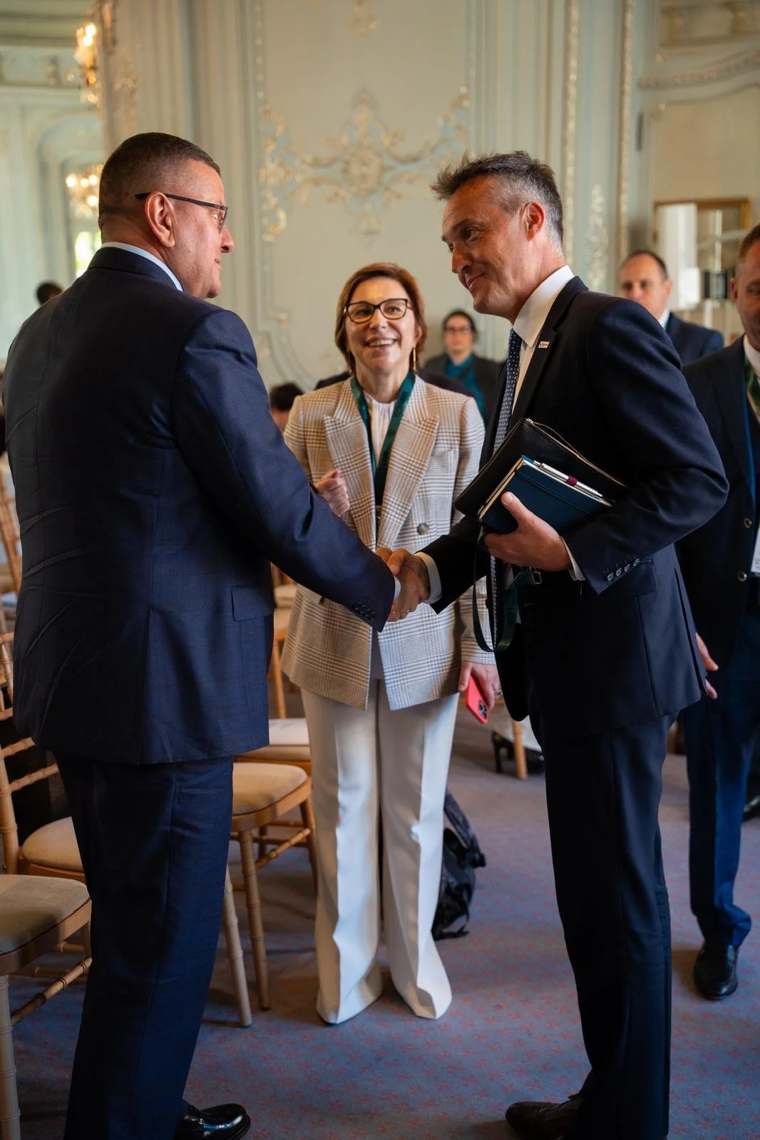 Two men in suits shaking hands, woman smiling and watching in a formal, ornate room during a professional meeting or conference.