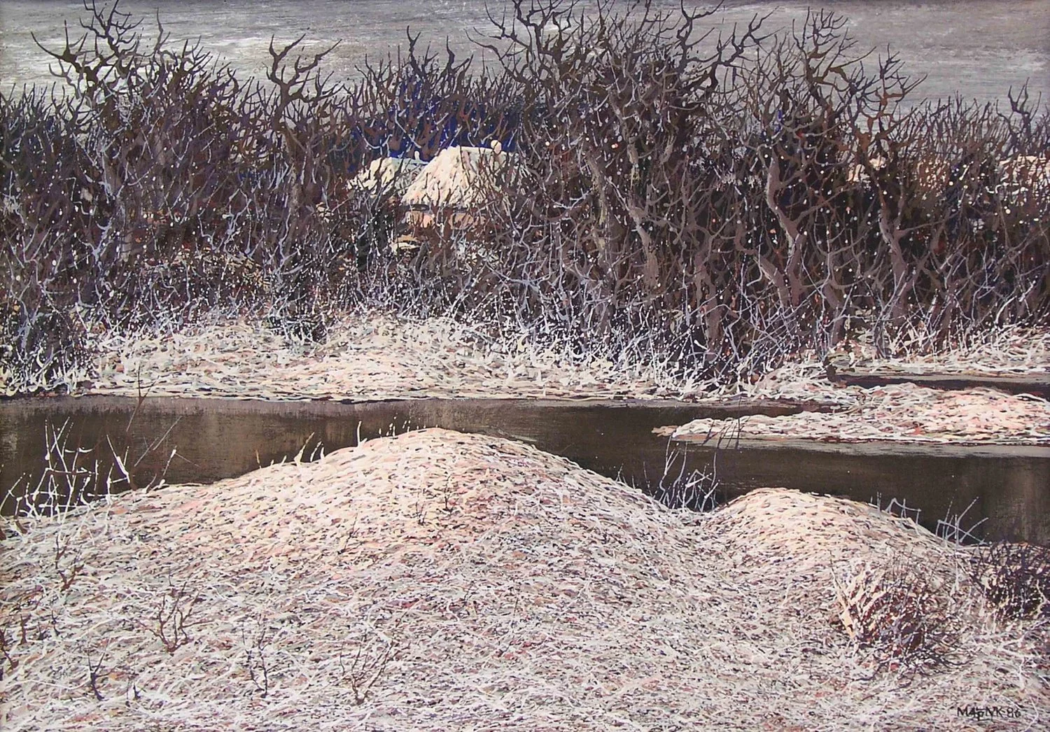 A winter landscape with snow-covered ground and leafless trees and bushes with frost or snow on their branches. A small house with a snow-covered roof is partially visible through the branches in the background, near a body of water.