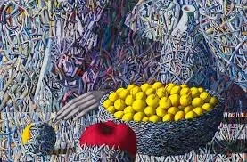 A colorful mosaic artwork featuring bright yellow balls, a red object, and various textured elements in the background.