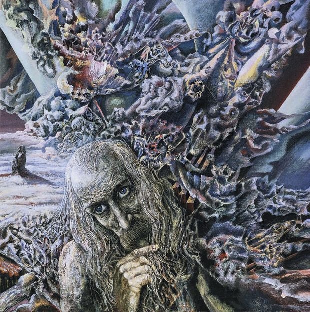 A surreal painting of a contemplative man with long hair and a beard, surrounded by a chaotic swirl of abstract shapes, faces, and textures.
