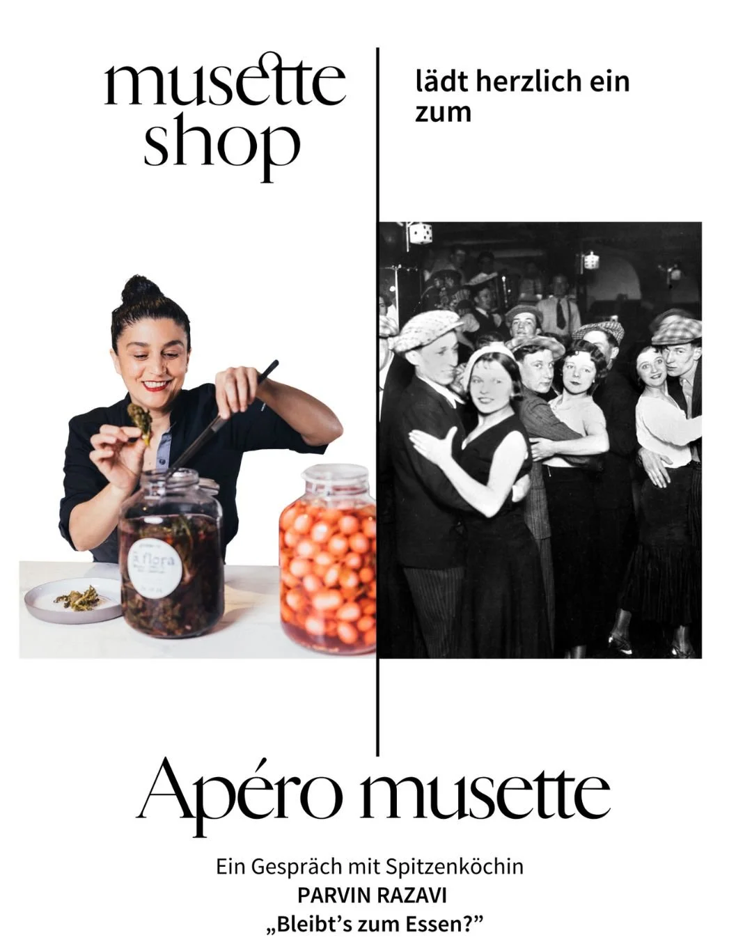 Ap&eacute;ro musette mit Parvin Razavi @__parvin__razavi__ 
Freitag, 10. Oktober 2025, 18:00
&bdquo;Bleibt&rsquo;s zum Essen?&rdquo;
Die renommierte K&ouml;chin &ndash; eine der besten des Landes, Autodidaktin, urspr&uuml;nglich aus dem Iran &ndash; 