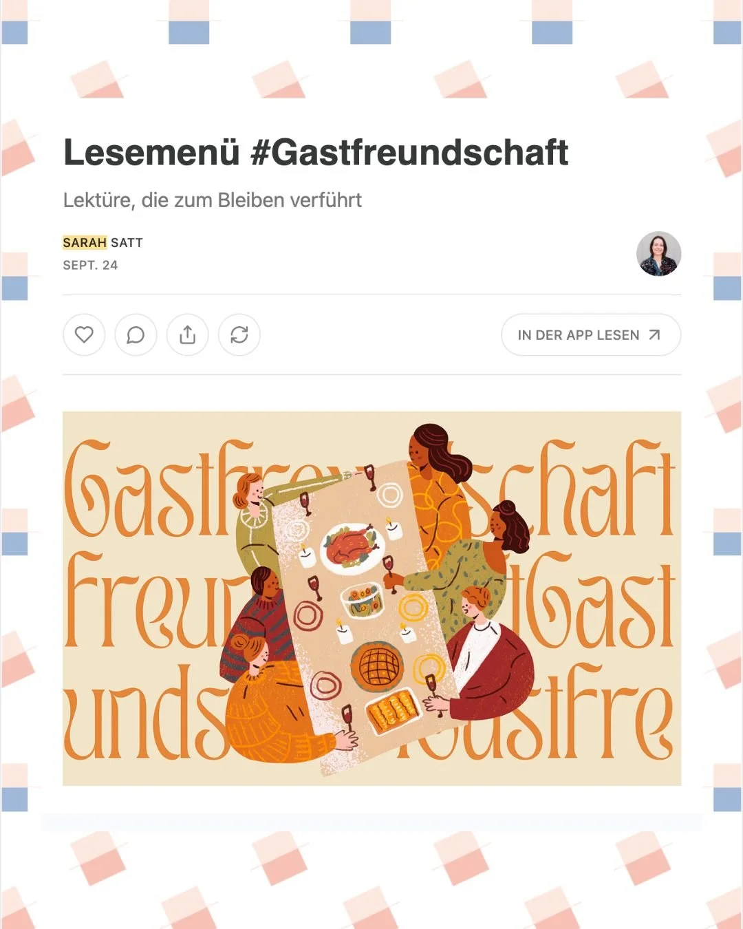 Sarah Satt @sarah.satt ist Autorin und Kochbuch-Ghostwriterin. Sie schreibt au&szlig;erdem einen Newsletter, in dem sie regelm&auml;&szlig;ig handverlesene Romane, Kurzgeschichten-Sammlungen, Memoiren und Sachb&uuml;cher zu bestimmten Themen als Lese