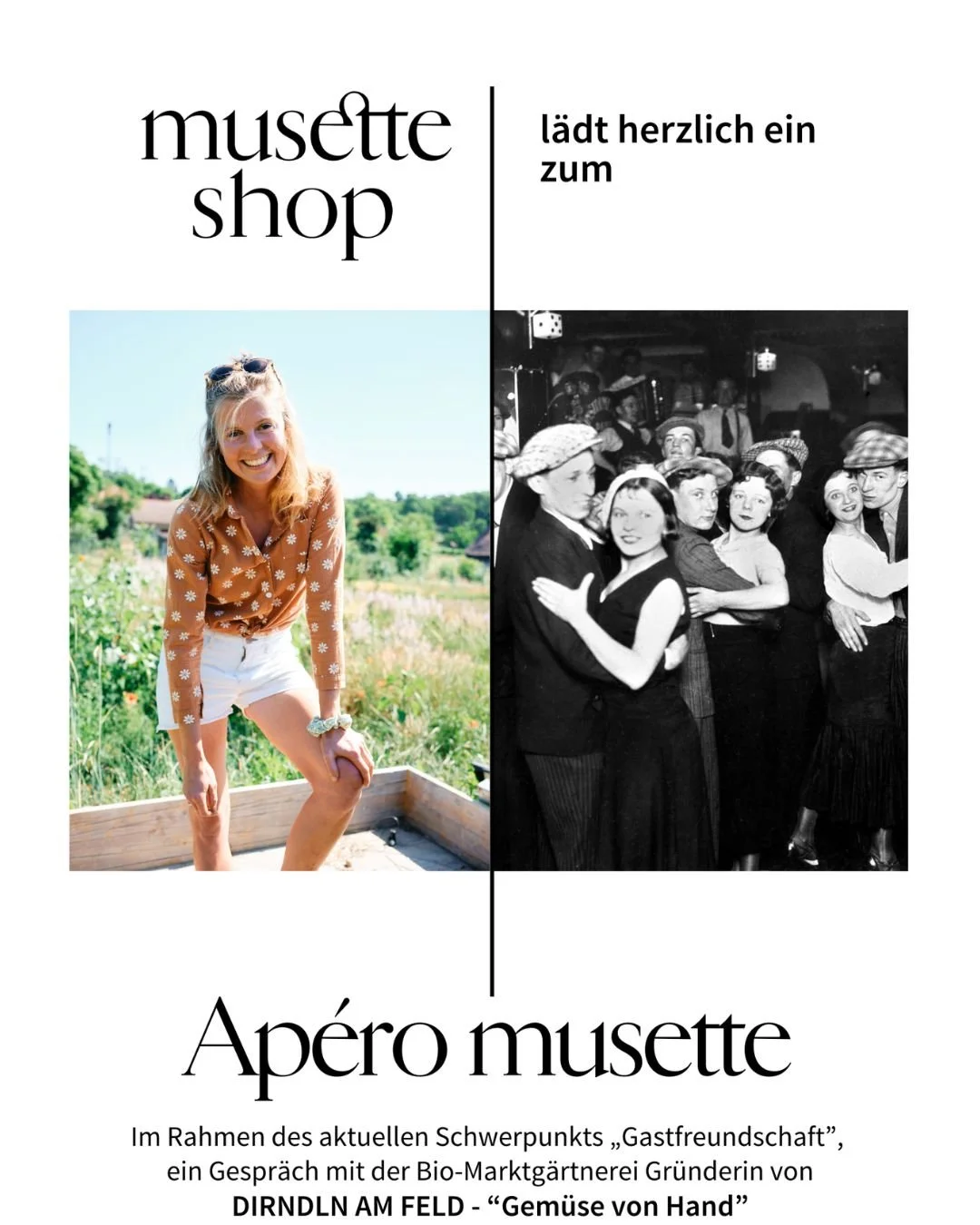 Ap&eacute;ro musette mit Bio-Marktg&auml;rtnerei Gr&uuml;nderin von @dirndln_am_feld
DIRNDLN AM FELD - &ldquo;Gem&uuml;se von Hand&rdquo;
Freitag, 14. November 2025, 18:00
im Rahmen des aktuellen Schwerpunkts &bdquo;Gastfreundschaft&rdquo;

Im Herbst